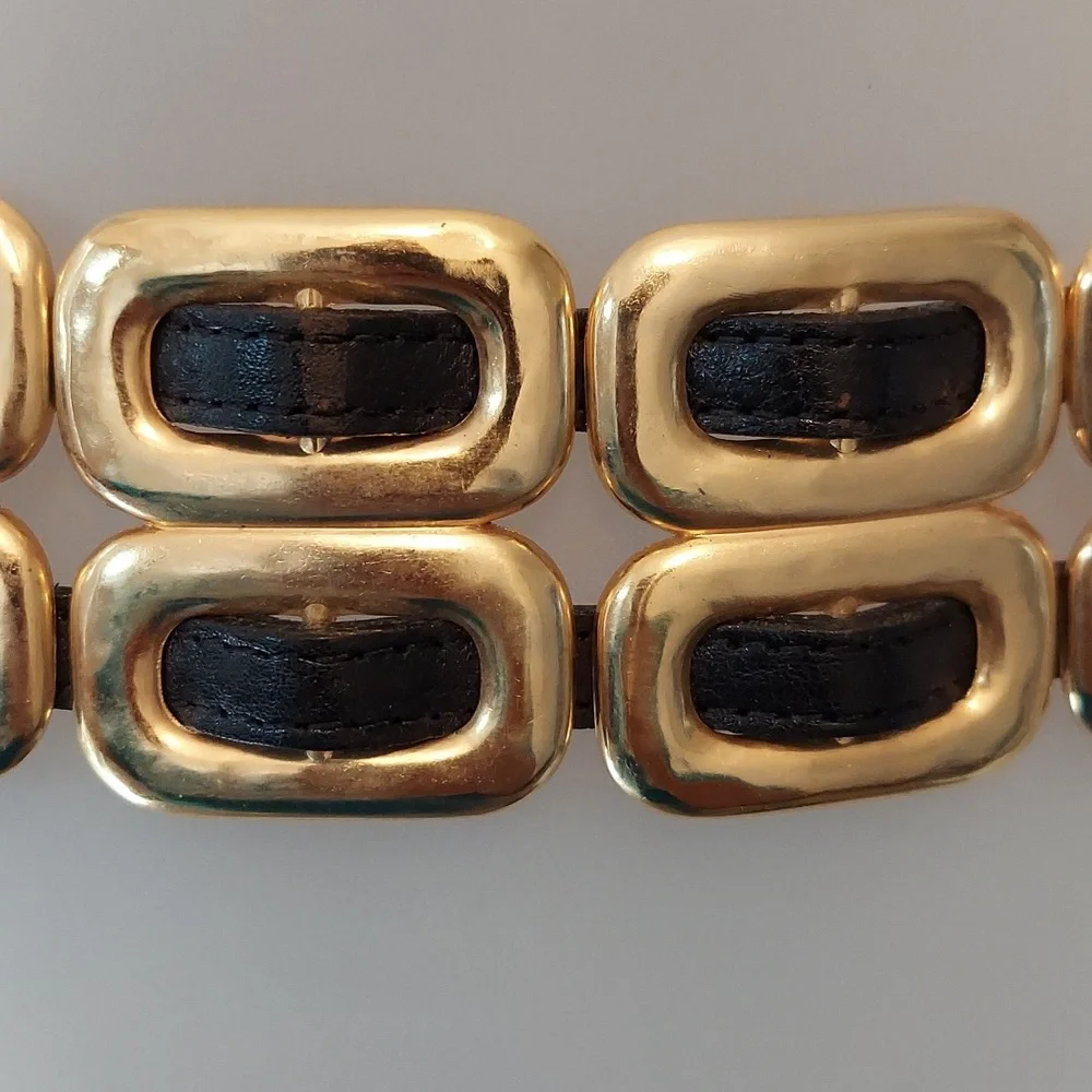 Vintage Late 1980s/Early 1990s Gold Chain & Woven Black Leather Double Link Belt - Picture 7 of 16